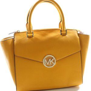 Michael Kors Hudson Large Leather Satchel Shoulder Bag Vintage Yellow